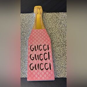Gucci Pink and Gold Champagne Bottle Decor Wooden Stand